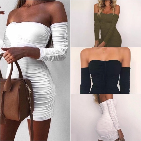 NEW BLACK Scrunch mini off shoulder dress cute - Picture 2 of 7